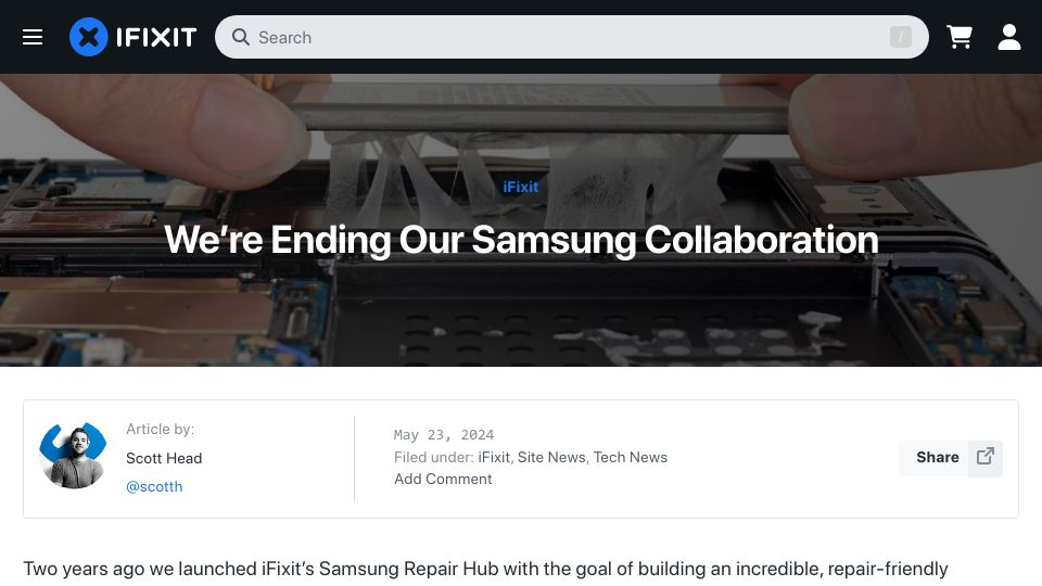 Screenshot of ifixit.com: We're ending our Samsung collaboration