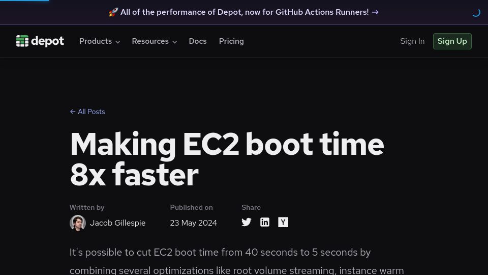 Screenshot of depot.dev: Making EC2 boot time faster
