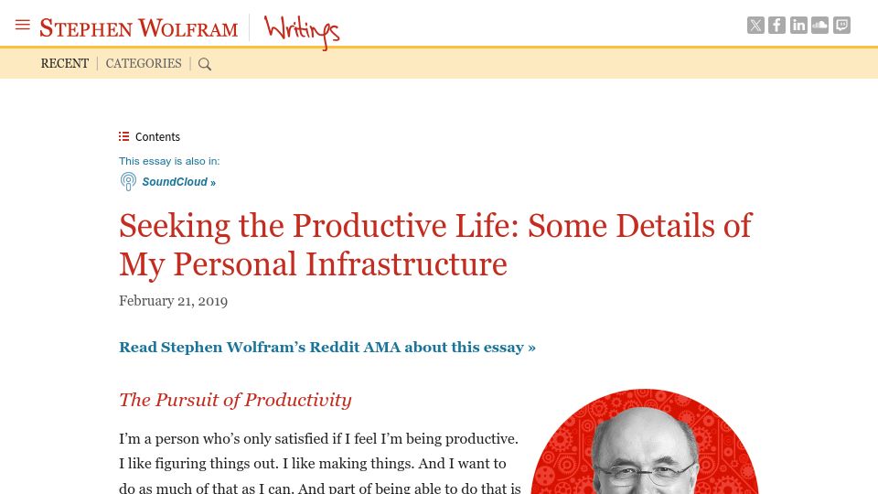 Screenshot of writings.stephenwolfram.com: Seeking the Productive Life: Some Details of My Personal Infrastructure