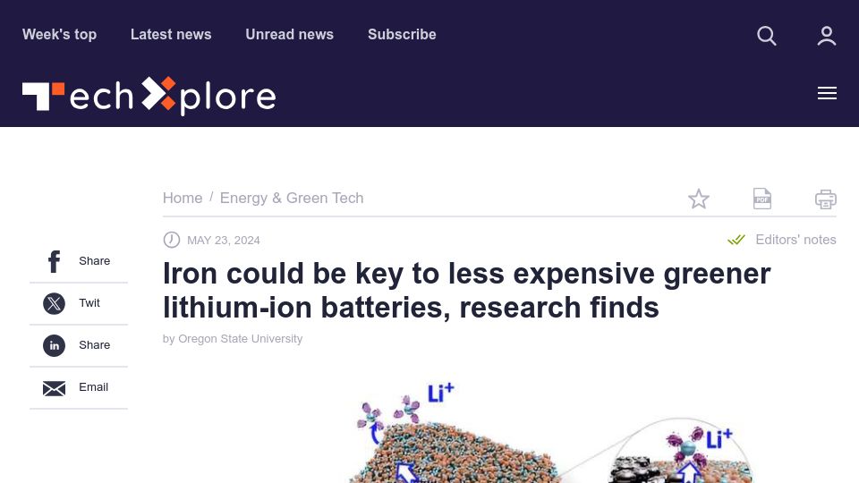 Screenshot of techxplore.com: Iron could be key to less expensive greener lithium-ion batteries