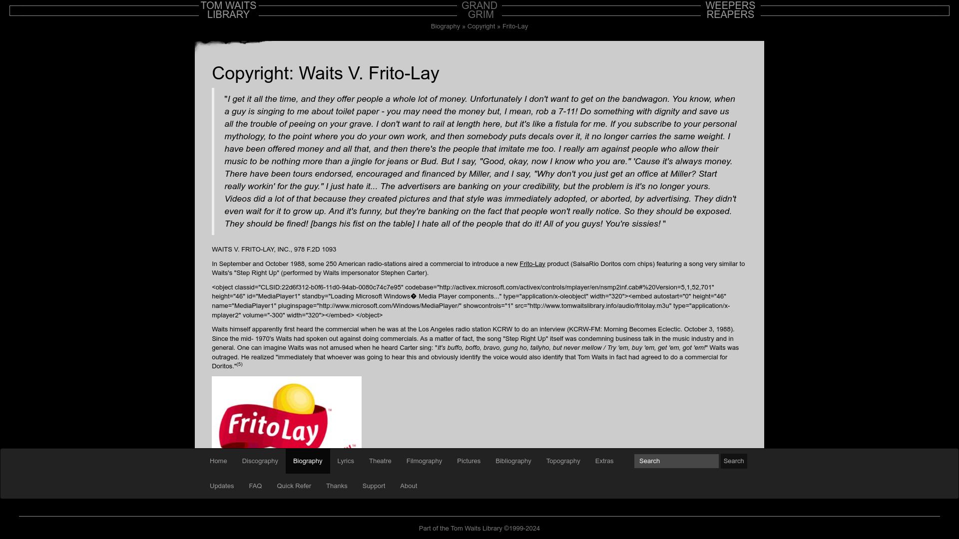 Screenshot of tomwaitslibrary.info: Tom Waits vs. Frito-Lay, Inc (2003)