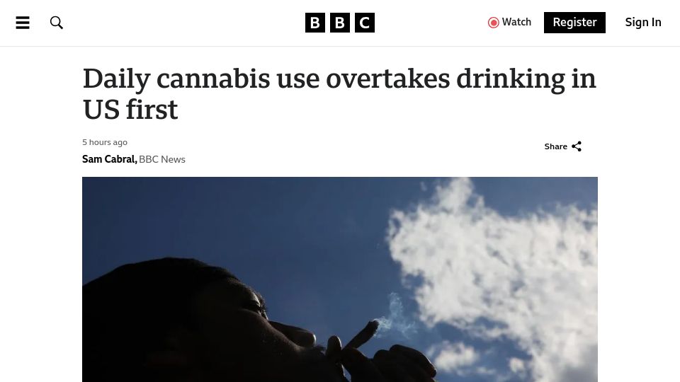 Screenshot of bbc.com: Daily cannabis use overtakes drinking in US first