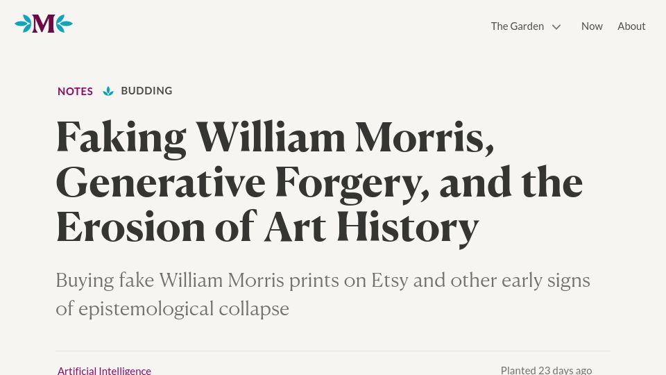 Screenshot of maggieappleton.com: Faking William Morris, Generative Forgery, and the Erosion of Art History