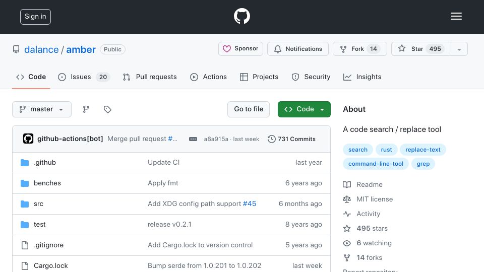 Screenshot of github.com: Amber: A code search and replace tool