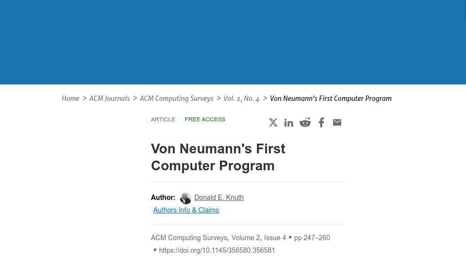 Screenshot of dl.acm.org: Von Neumann's First Computer Program (1970)