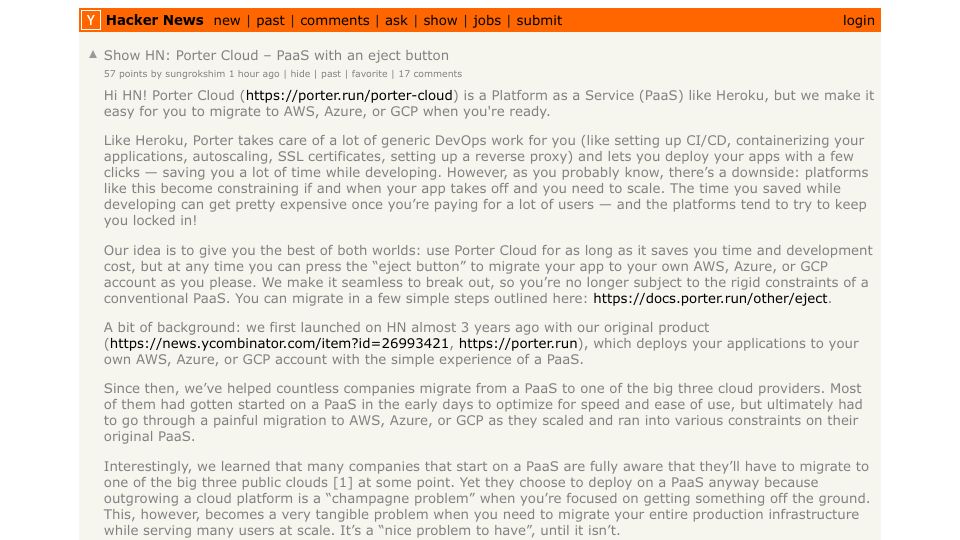 Screenshot of Hacker News post: Show HN: Porter Cloud – PaaS with an eject button