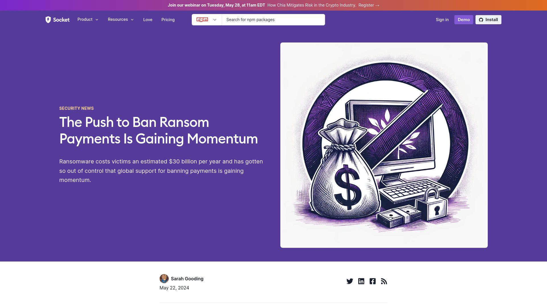Screenshot of socket.dev: The push to ban ransom payments is gaining momentum