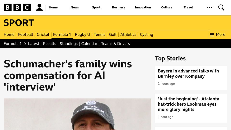 Screenshot of bbc.com: Schumacher's family wins compensation for AI 'interview'
