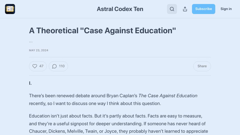 Screenshot of astralcodexten.com: A Theoretical Case Against Education