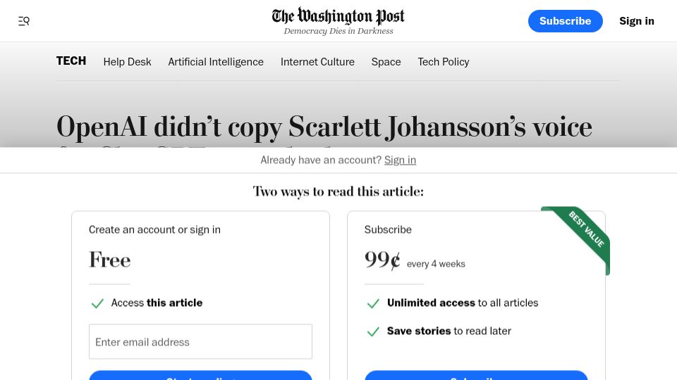 Screenshot of washingtonpost.com: OpenAI didn’t copy Scarlett Johansson’s voice for ChatGPT, records show