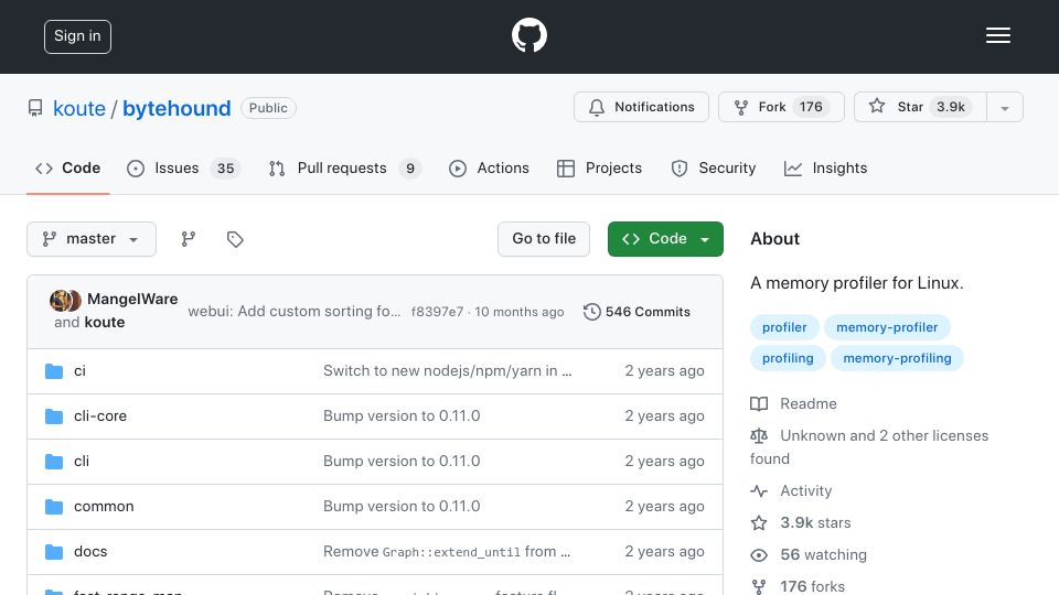 Screenshot of github.com: Bytehound: Memory Profiler for Linux