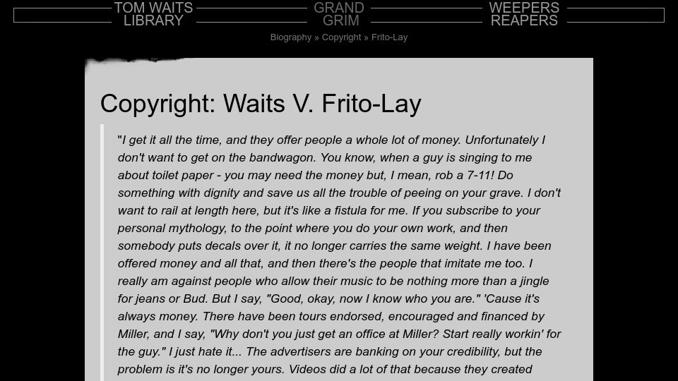 Screenshot of tomwaitslibrary.info: Tom Waits vs. Frito-Lay, Inc (2003)