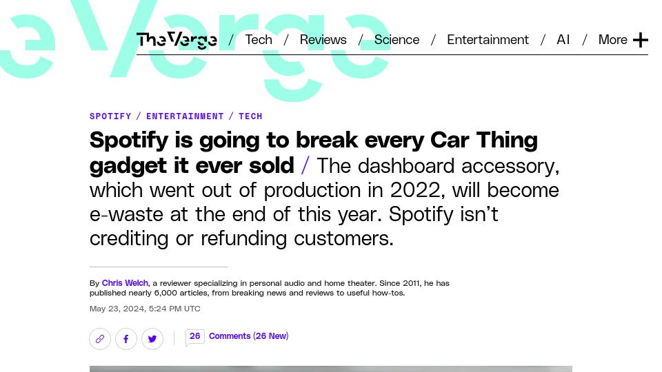 Screenshot of theverge.com: Spotify is going to break every Car Thing gadget it ever sold