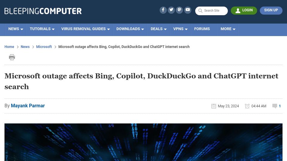 Screenshot of bleepingcomputer.com: Microsoft outage affects Bing, Copilot, DuckDuckGo and ChatGPT internet search