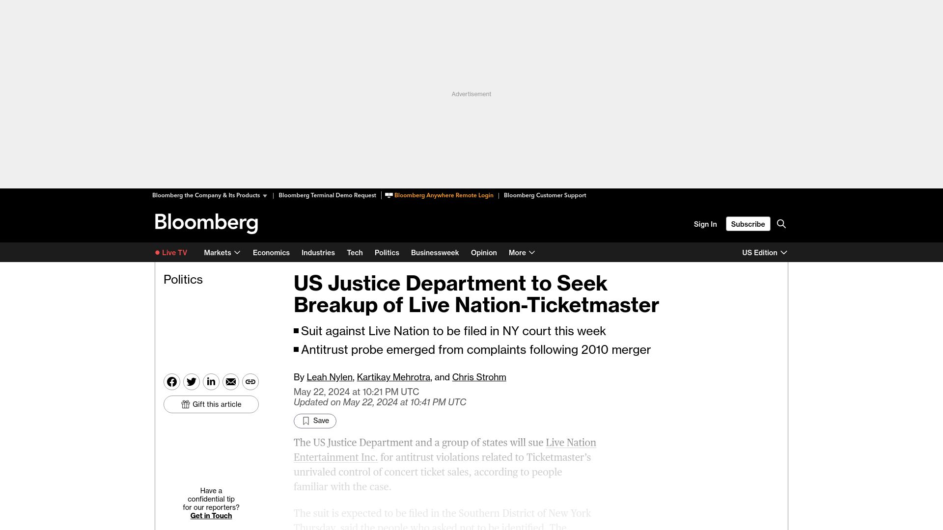 Screenshot of bloomberg.com: US Justice Department to seek breakup of Live Nation-Ticketmaster
