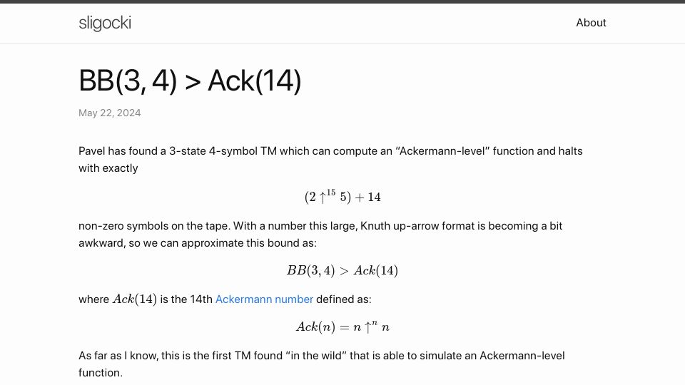 Screenshot of sligocki.com: BB(3, 4) > Ack(14)