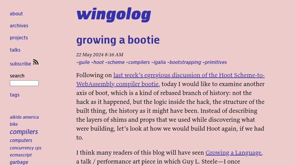 Screenshot of wingolog.org: Growing a Bootie