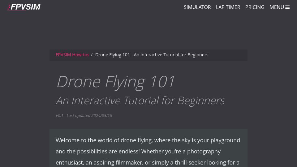 Screenshot of fpvsim.com: Drone Flying 101 – An interactive tutorial for beginners