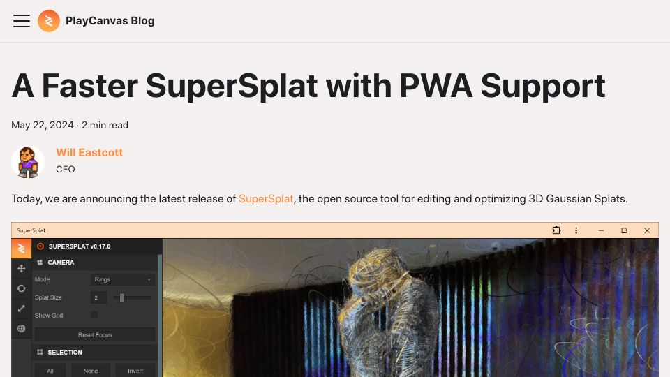 Screenshot of blog.playcanvas.com: A Faster SuperSplat with PWA Support