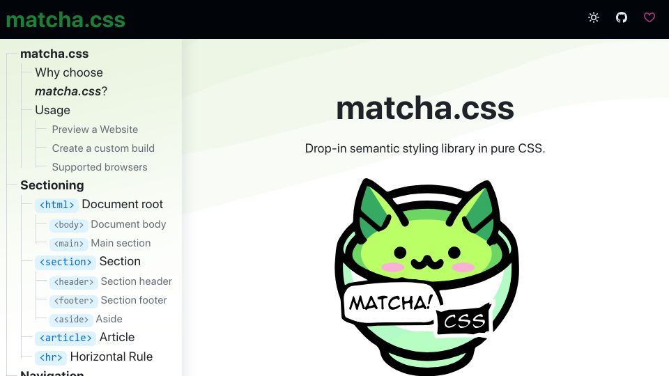 Screenshot of matcha.mizu.sh: Matcha.css – Drop-in semantic styling library in pure CSS