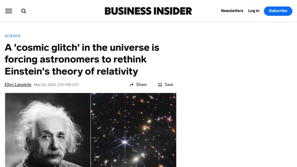 Screenshot of businessinsider.com: Cosmic Glitch: Scientists Discover an Anomaly in the Universe's Gravity