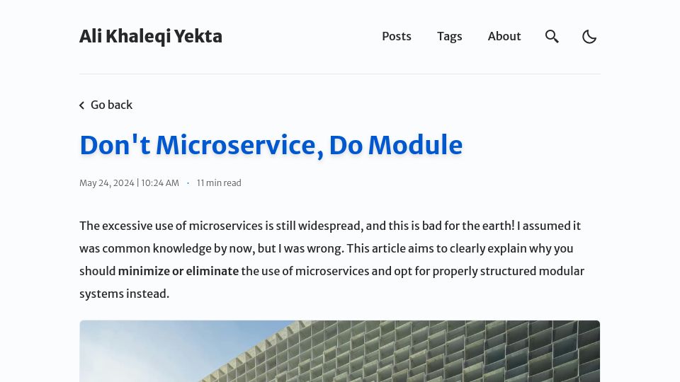 Screenshot of yekta.dev: Don't microservice, do module