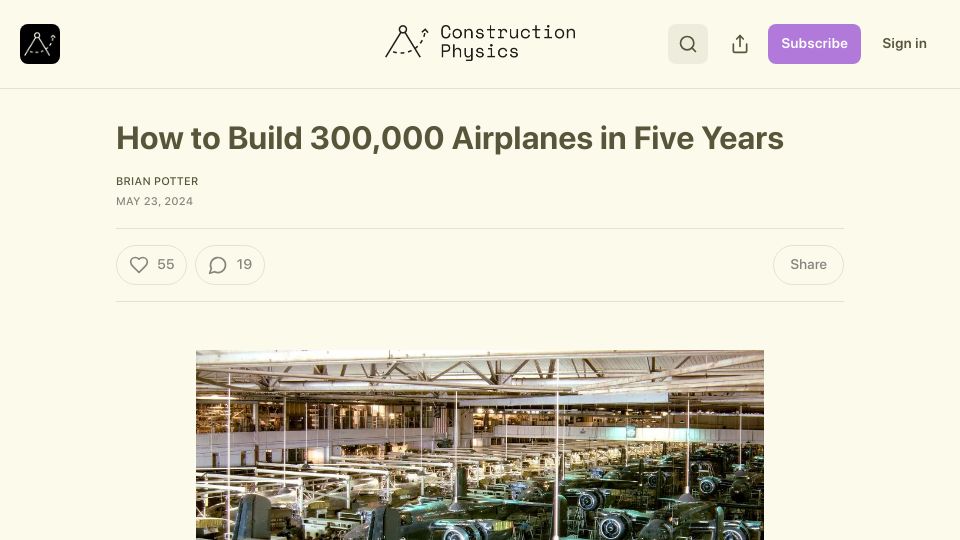Screenshot of construction-physics.com: 300k airplanes in five years