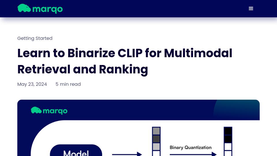 Screenshot of marqo.ai: Binarize CLIP for Multimodal Applications