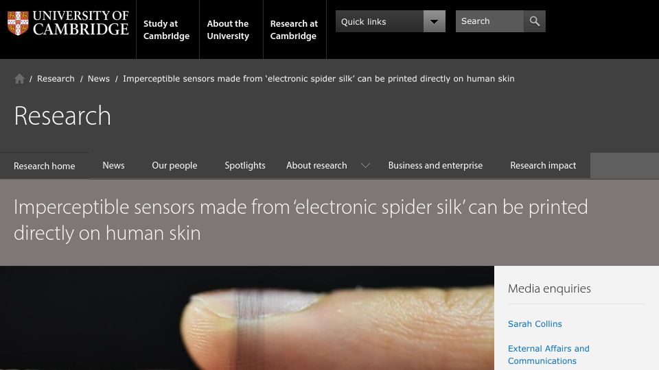 Screenshot of cam.ac.uk: Imperceptible sensors can be printed directly on human skin