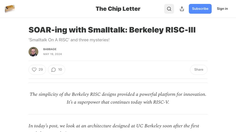 Screenshot of thechipletter.substack.com: SOAR-ing Away with Smalltalk: Berkeley RISC-III