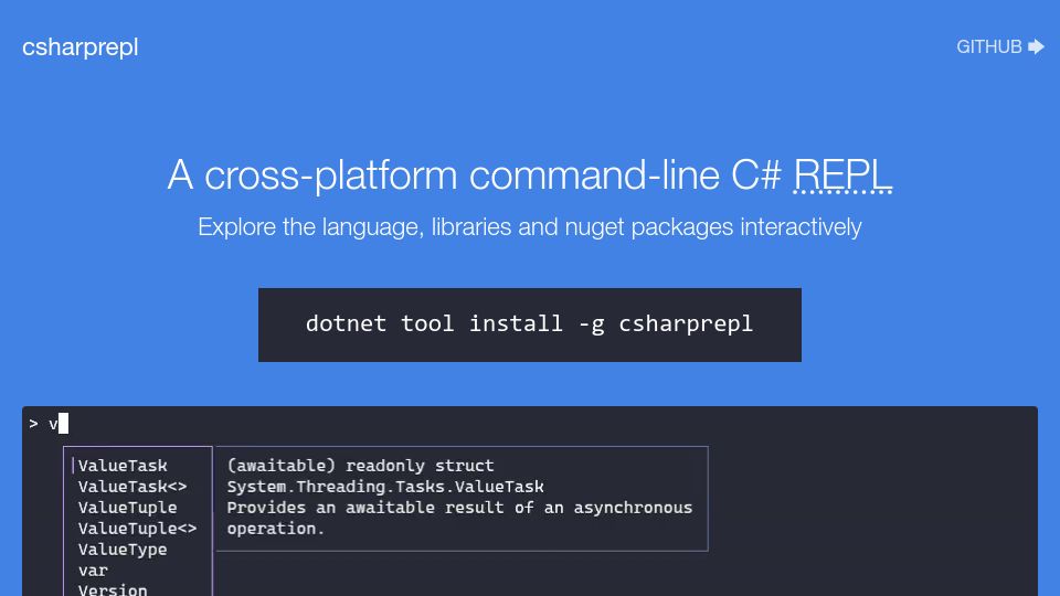Screenshot of fuqua.io: CSharpRepl: C# REPL with syntax highlighting and intellisense