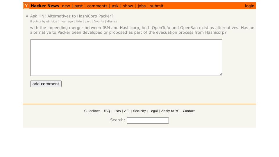 Screenshot of Hacker News post: Ask HN: Alternatives to HashiCorp Packer?