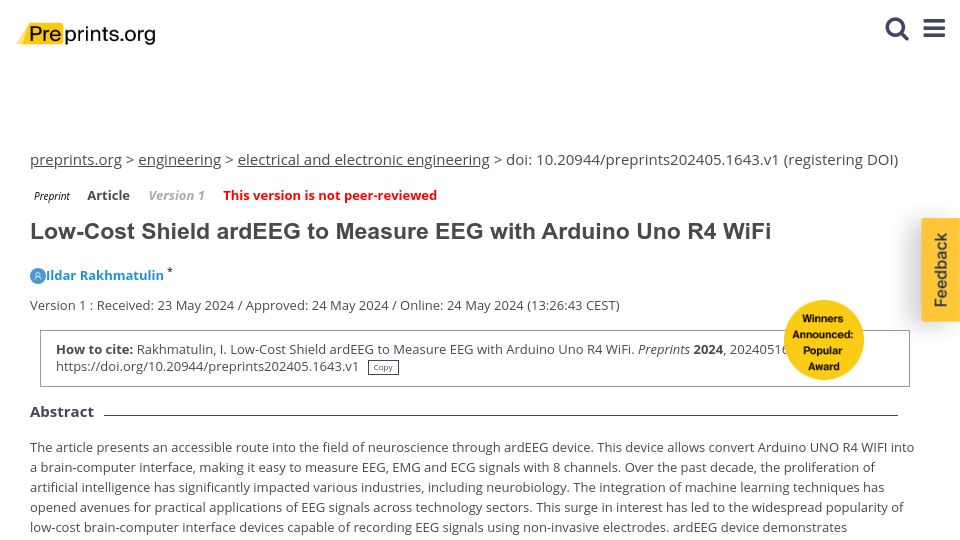 Screenshot of preprints.org: Low-cost shield ardEEG to measure EEG with Arduino Uno R4 WiFi