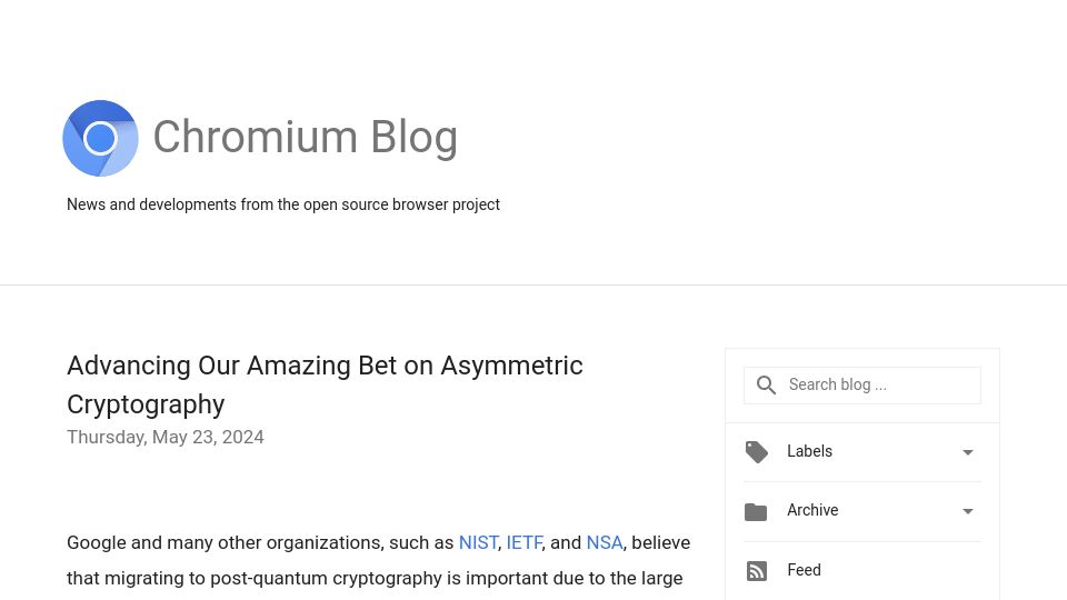 Screenshot of blog.chromium.org: Advancing Our Bet on Asymmetric Cryptography