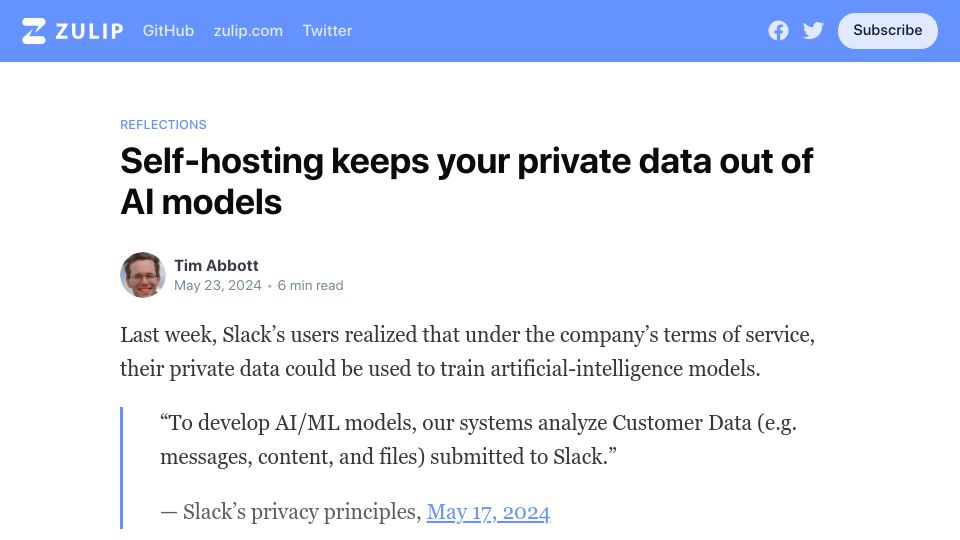 Screenshot of blog.zulip.com: Self-hosting keeps your private data out of AI models