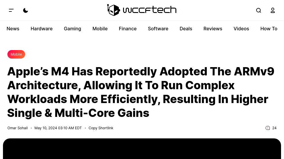 Screenshot of wccftech.com: Apple's M4 has reportedly adopted the ARMv9 architecture