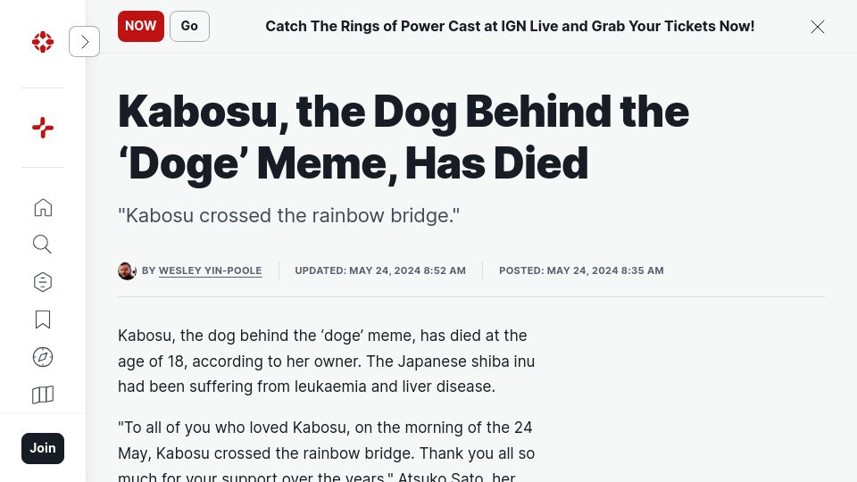 Screenshot of ign.com: Kabosu, the Dog Behind the 'Doge' Meme, Has Died