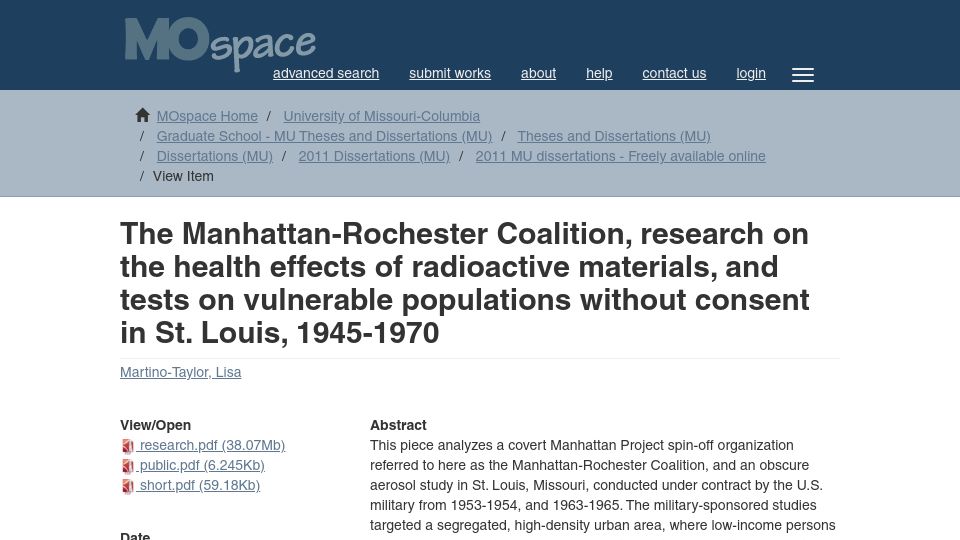 Screenshot of mospace.umsystem.edu: US Army researched the health effects of radioactivity in St Louis 1945-1970 (2011)