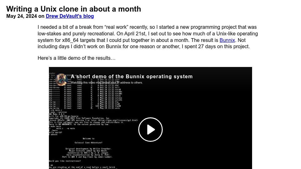 Screenshot of drewdevault.com: Writing a Unix clone in about a month