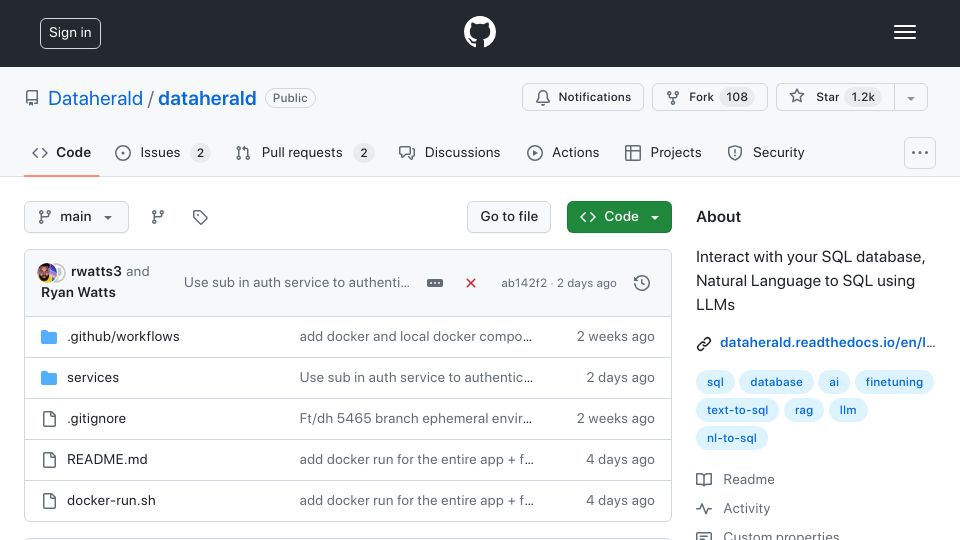 Screenshot of github.com: Show HN: We open sourced our entire text-to-SQL product