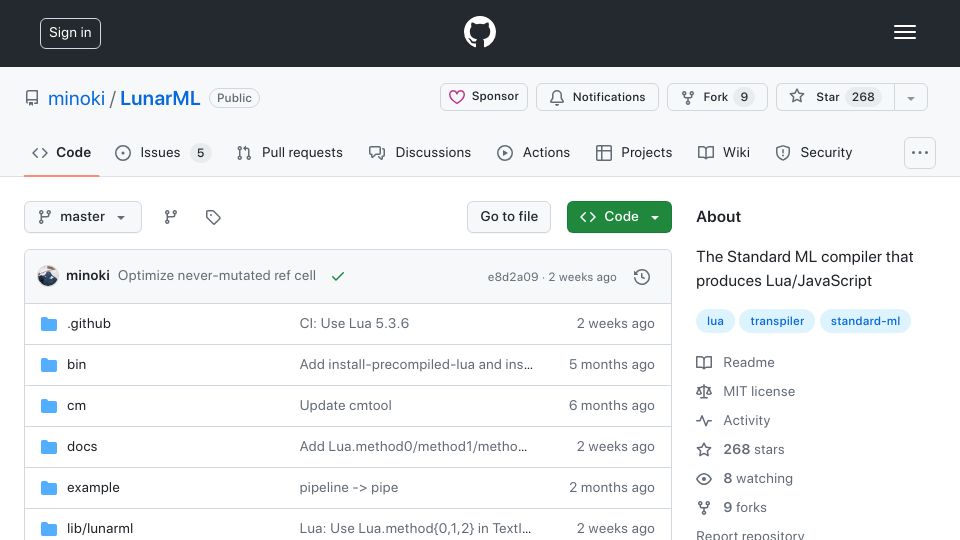 Screenshot of github.com: LunarML – The Standard ML compiler that produces Lua/JavaScript