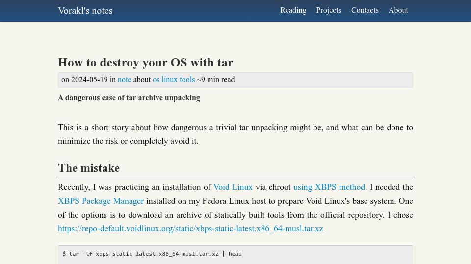 Screenshot of vorakl.com: How to destroy your OS with tar