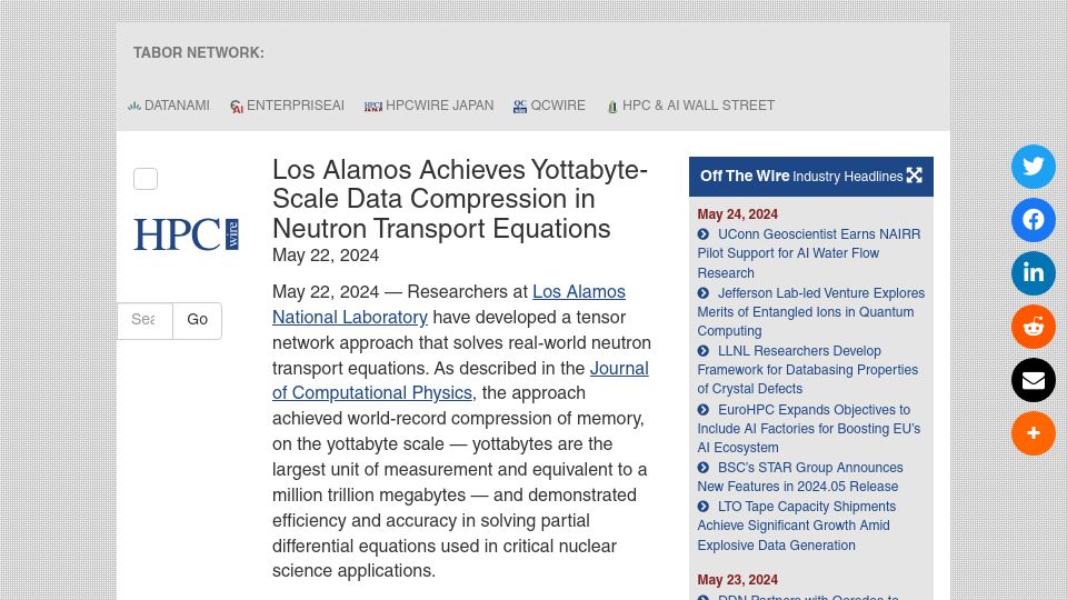 Screenshot of hpcwire.com: LANL Achieves Yottabyte-Scale Data Compression in Neutron Transport Equations