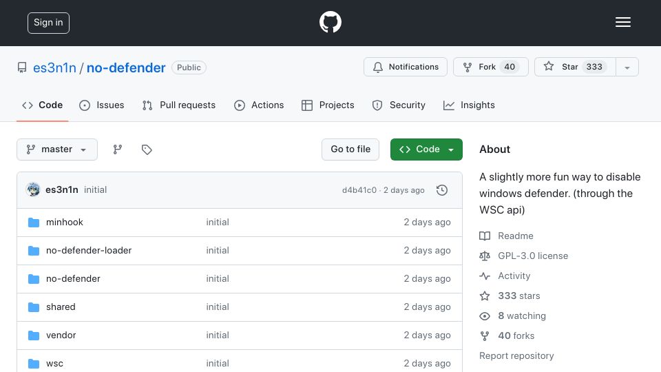 Screenshot of github.com: A slightly more fun way to disable Windows Defender (through the WSC API)