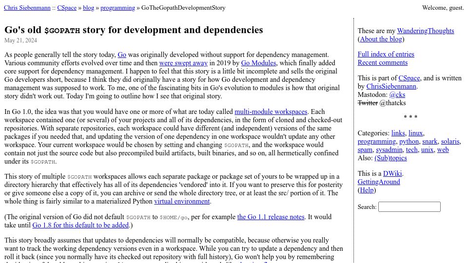 Screenshot of utcc.utoronto.ca: Go's old $GOPATH story for development and dependencies