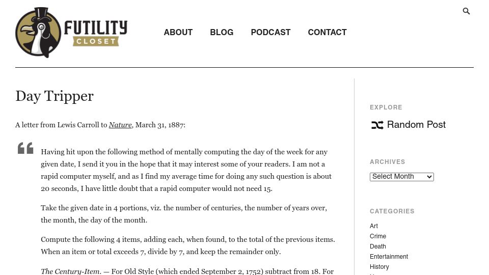 Screenshot of futilitycloset.com: Lewis Carroll – computing the day of the week for any given date (1887)