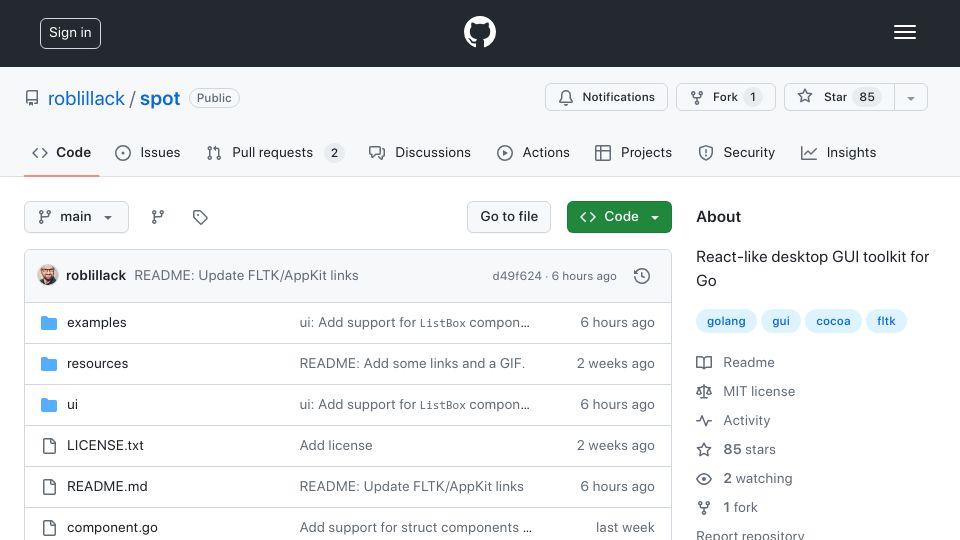 Screenshot of github.com: Show HN: Spot – Simple, cross-platform, reactive desktop GUI toolkit for Go