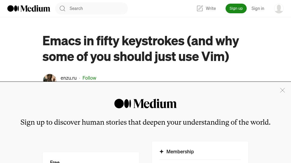 Screenshot of enzuru.medium.com: Emacs in fifty keystrokes