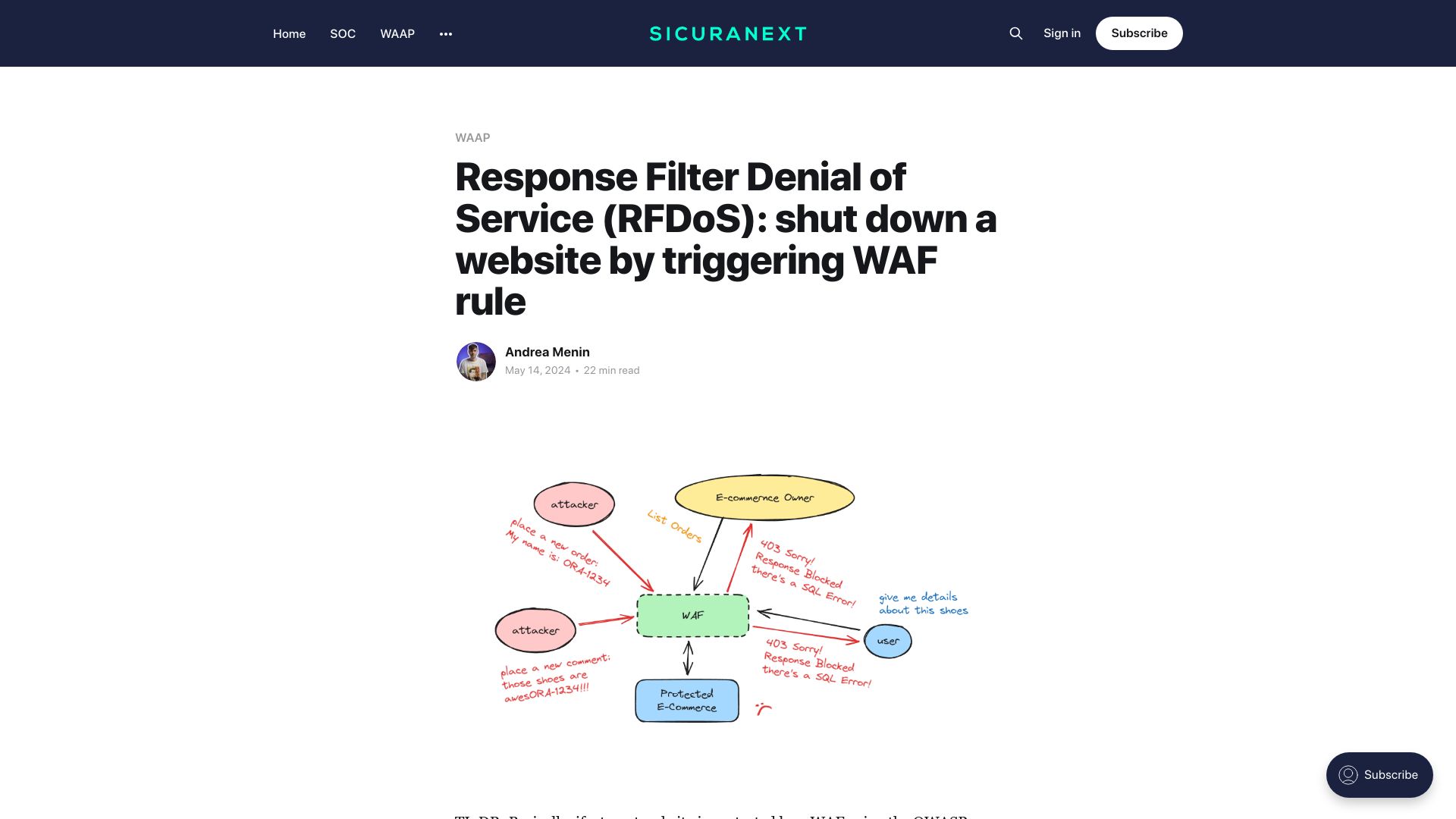 Screenshot of blog.sicuranext.com: Response Filter Denial of Service: shut down a website by triggering WAF rule