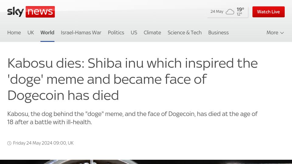 Screenshot of news.sky.com: Shiba Inu which inspired the 'doge' meme and became face of Dogecoin has died